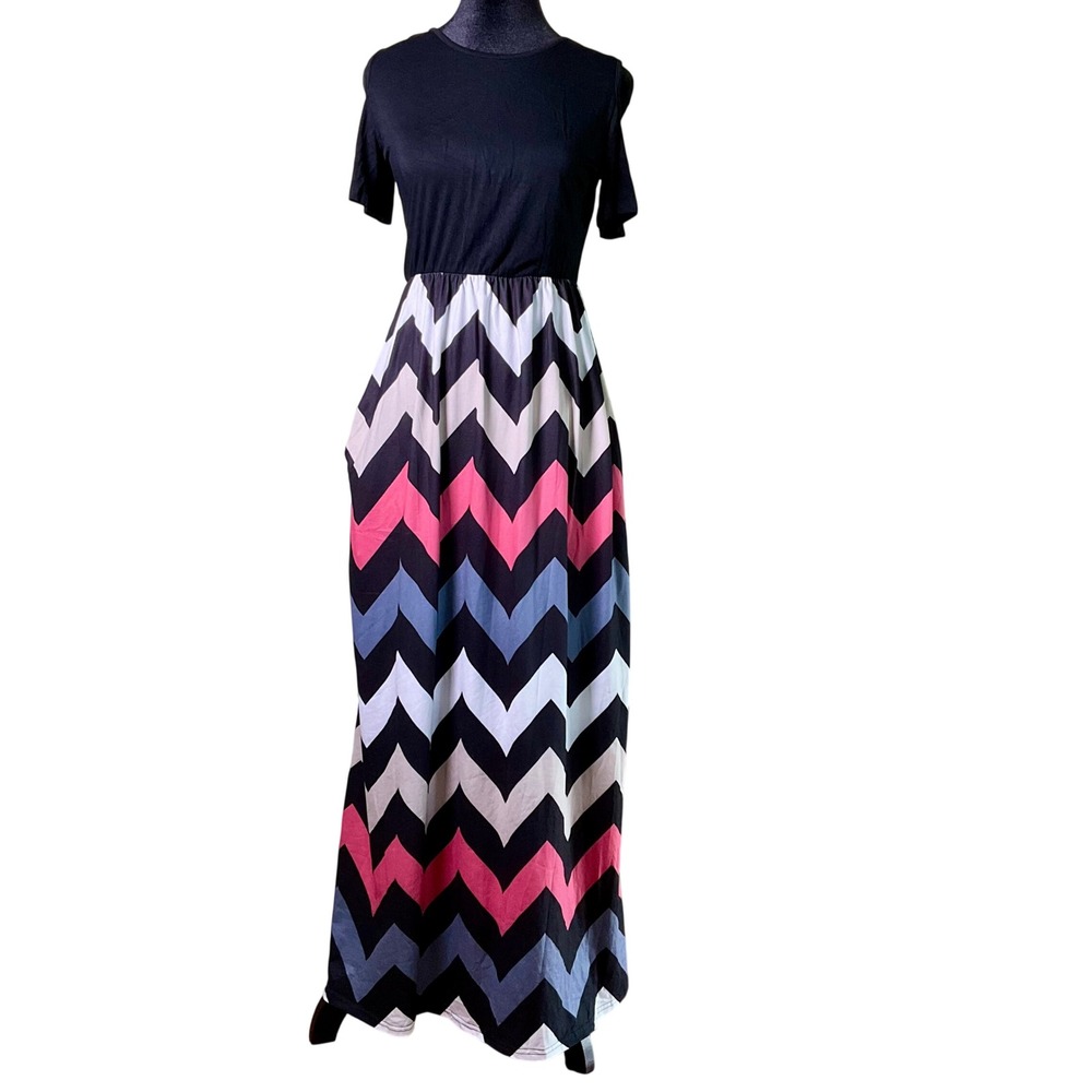Kancystore Cold Shoulder‎ Maxi Dress Black Chevron Boho Geometric Pockets Size S